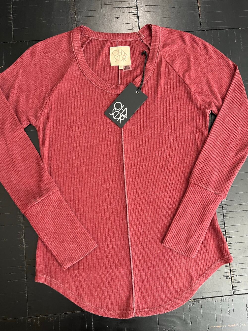 NWT M Chaser Rusty Rose Ribbed Knit Exposed Seam Cuffed Long Sleeve Top